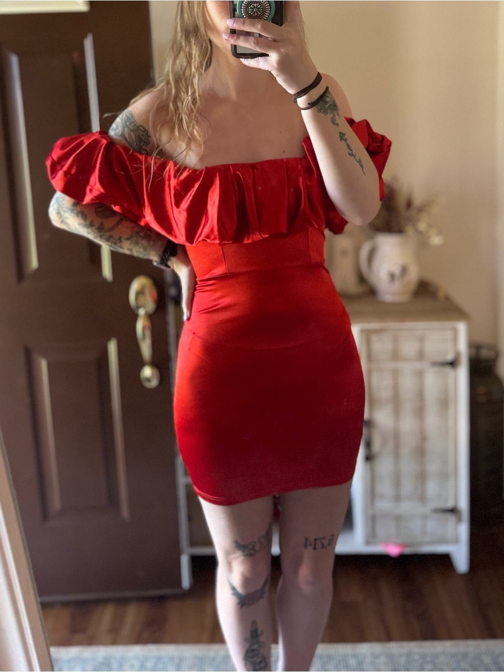 SHEIN Red Off-Shoulder Ruffle Mini Dress